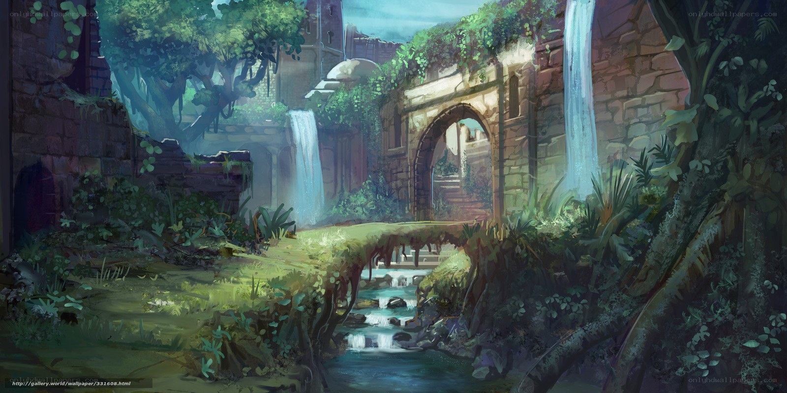 ancient ruins with waterfalls