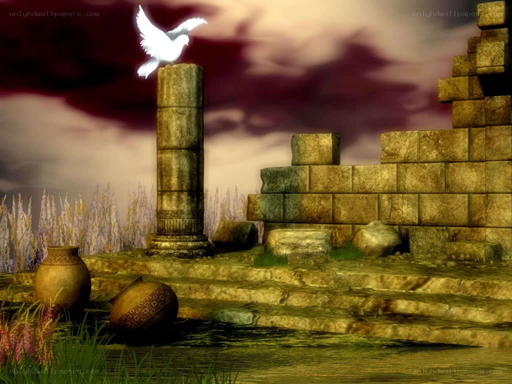ancient ruins with white dove