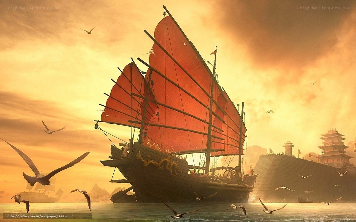 Ancient ship at sunset