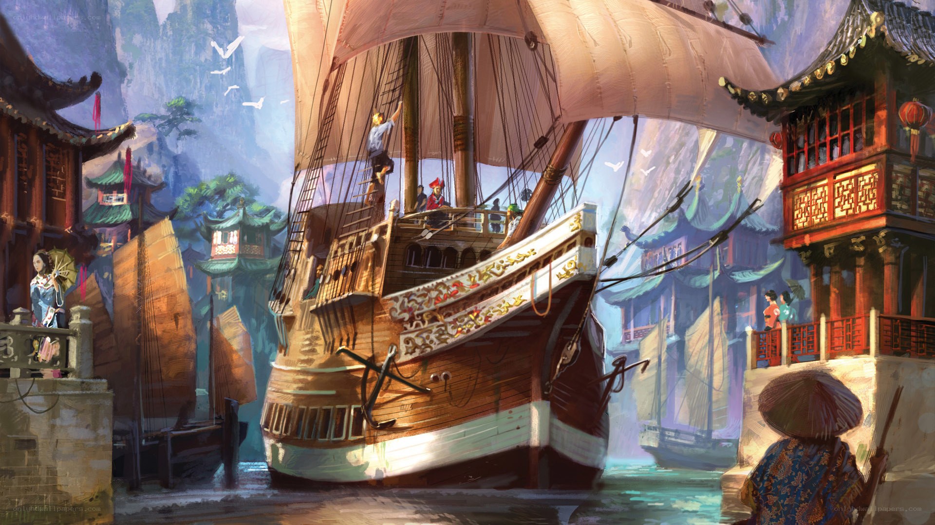 Ancient ship in a bustling port