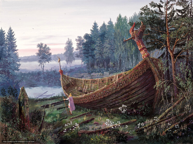 Ancient ship in forest clearing