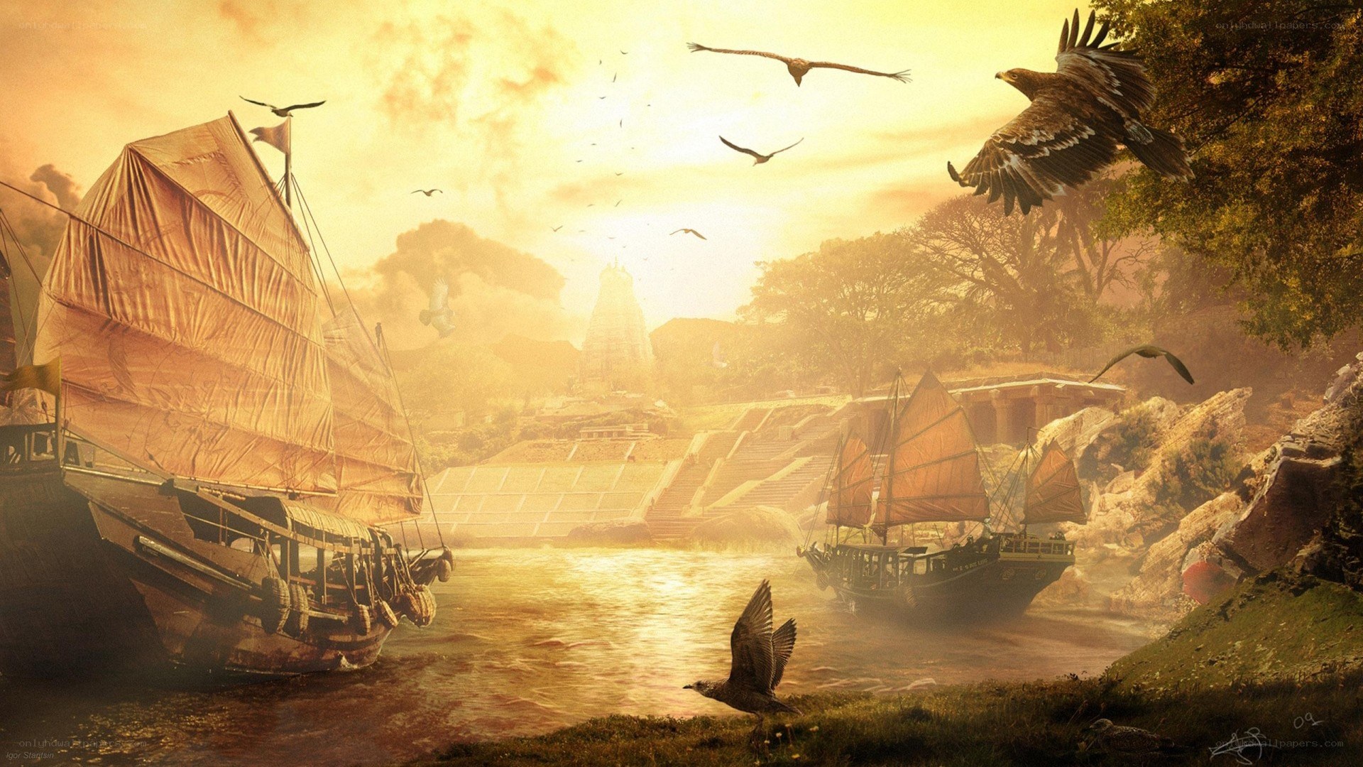 Ancient ships at sunset