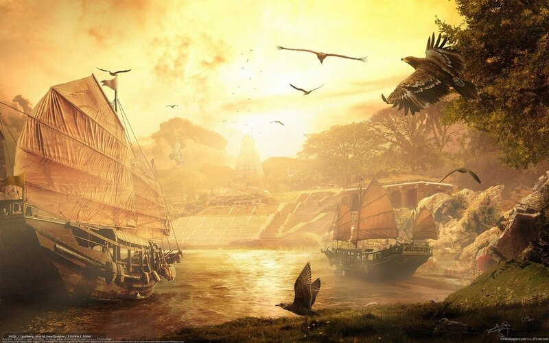 Ancient ships at sunset