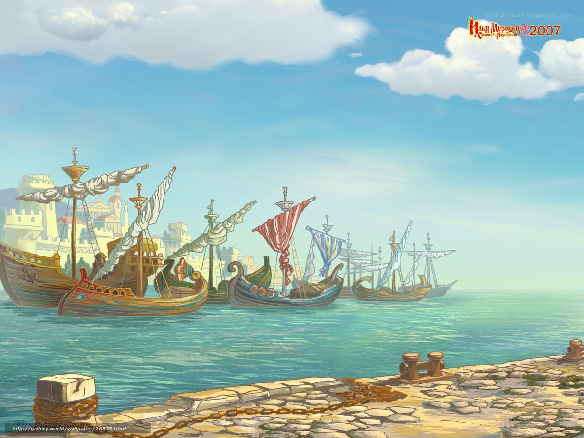 Ancient ships in a harbor