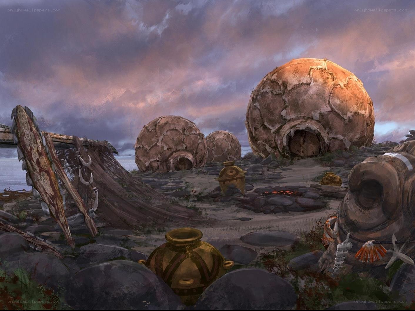 ancient spherical huts on a shore