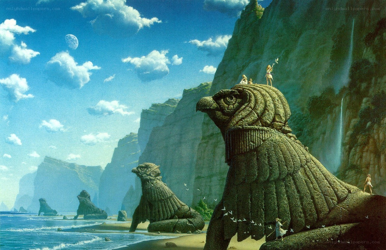 ancient sphinxes on a coastal cliff