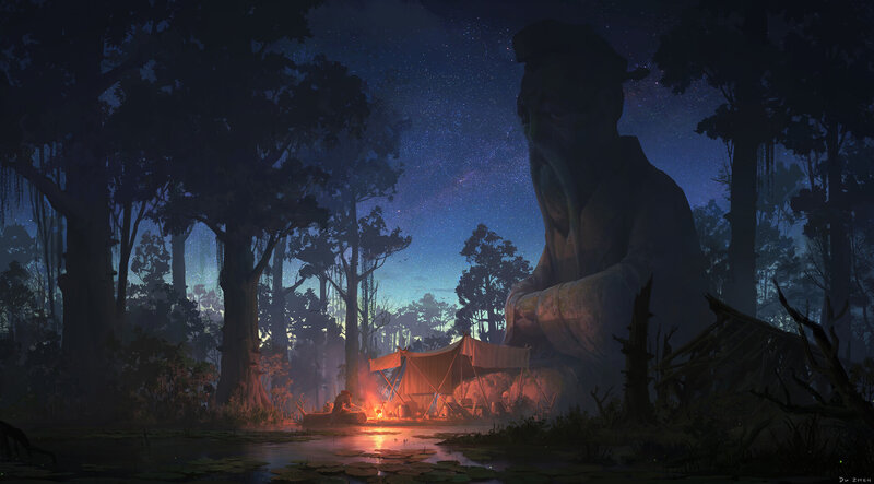 Ancient Statue in Forest — Blue