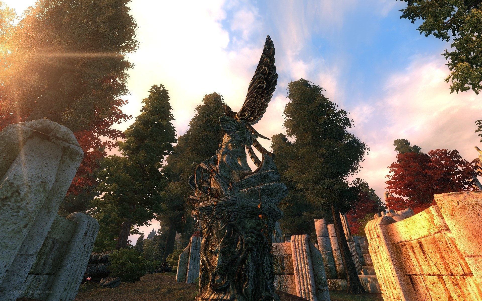 ancient statue in forest ruins