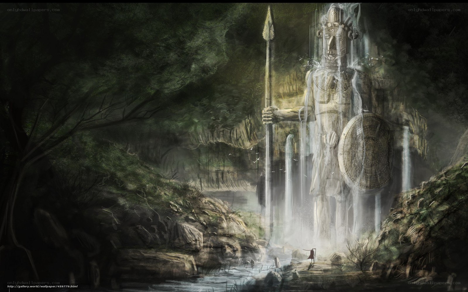 Ancient statue in misty forest