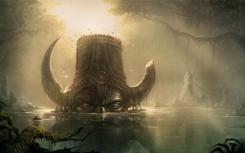 ancient statue in misty forest