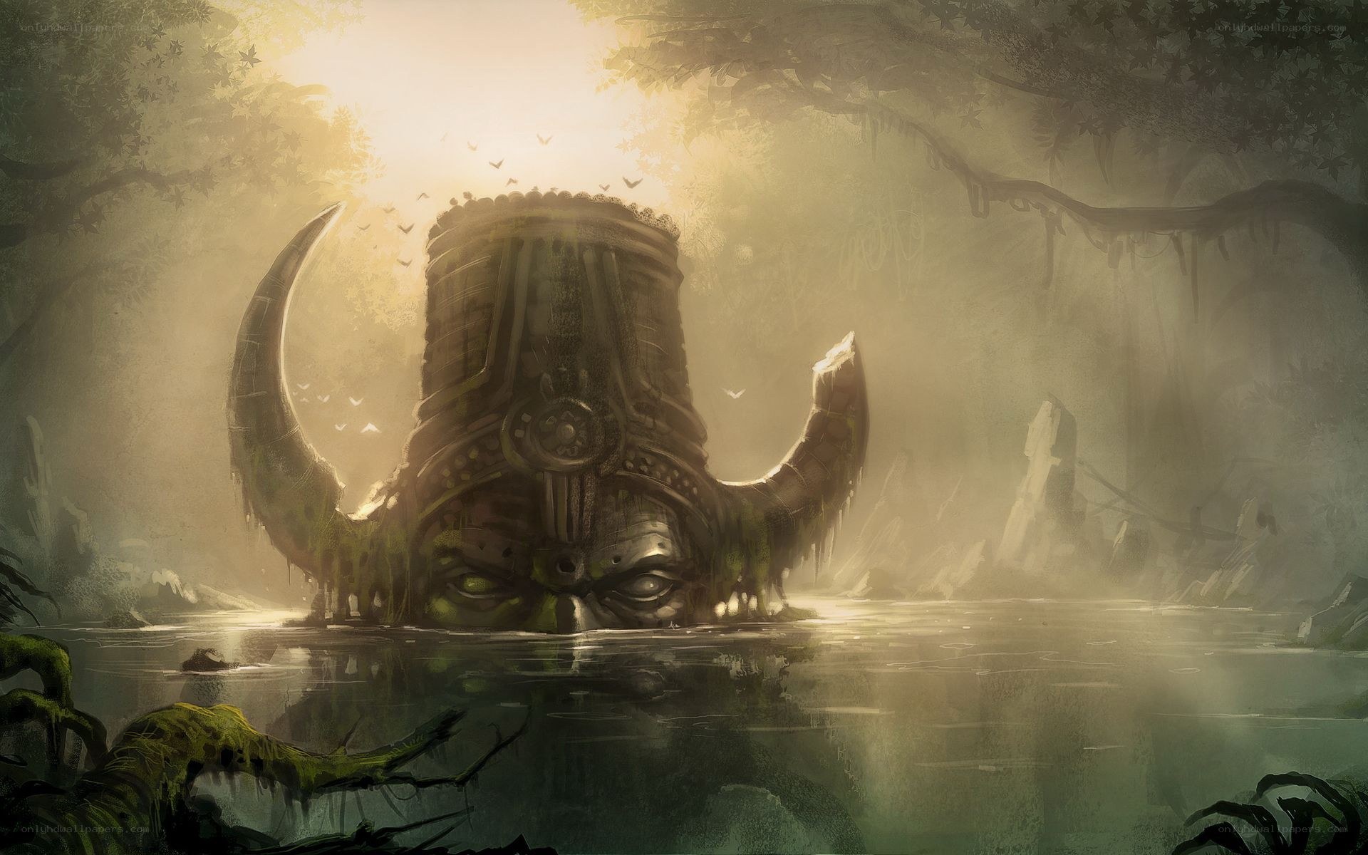 ancient statue in misty forest