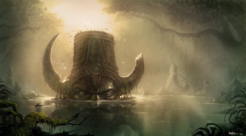ancient statue in misty forest