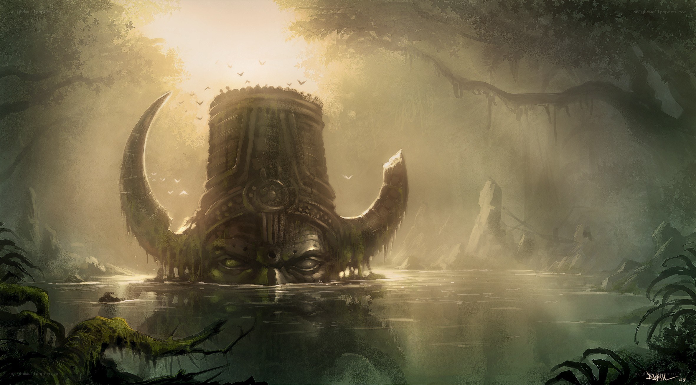 ancient statue in misty forest