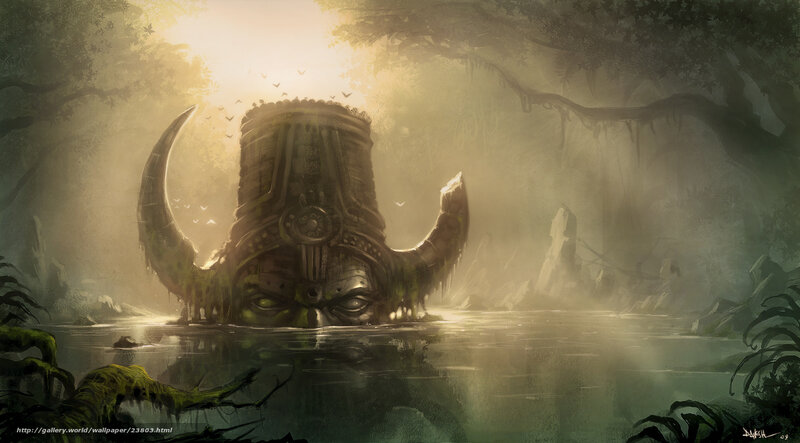 ancient statue in misty forest