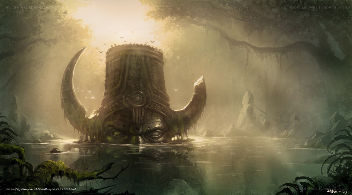 ancient statue in misty forest