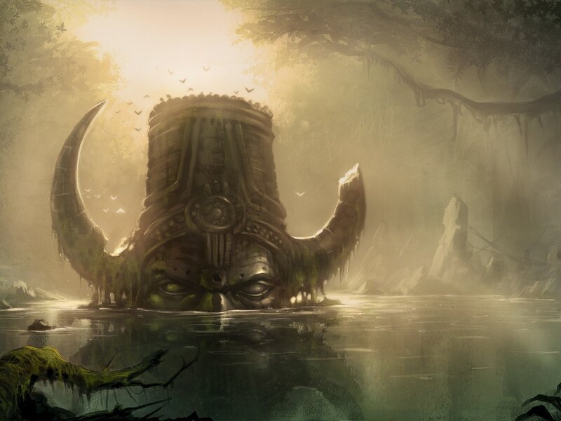 ancient statue in misty swamp