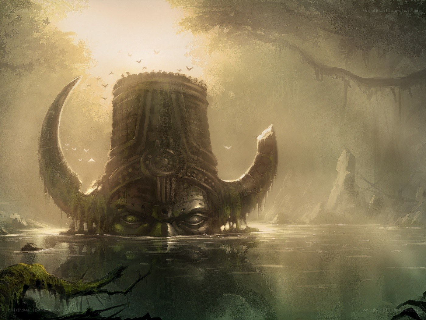 ancient statue in misty swamp