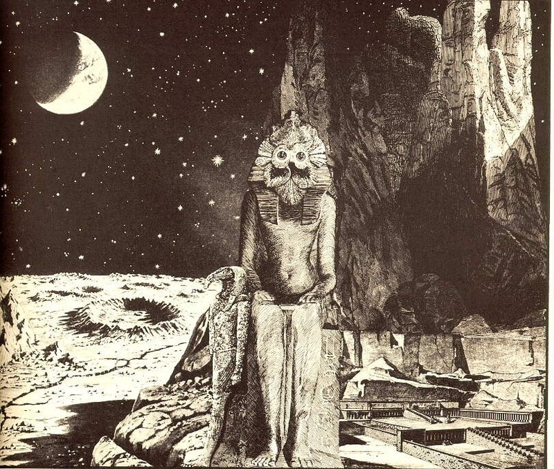 Ancient statue under a starry sky