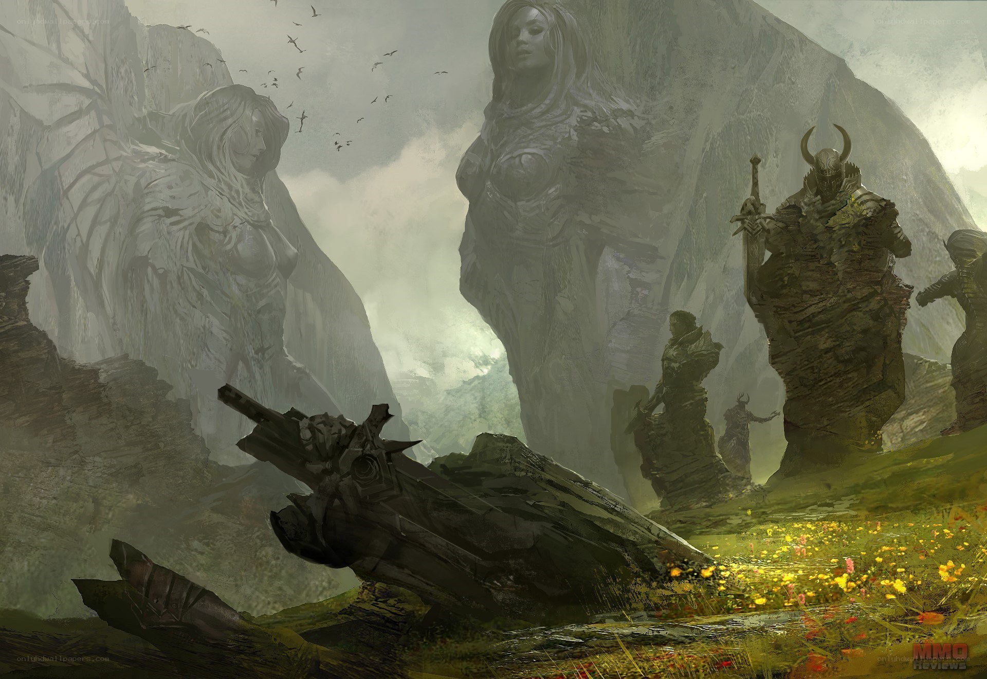 ancient statues in a misty valley
