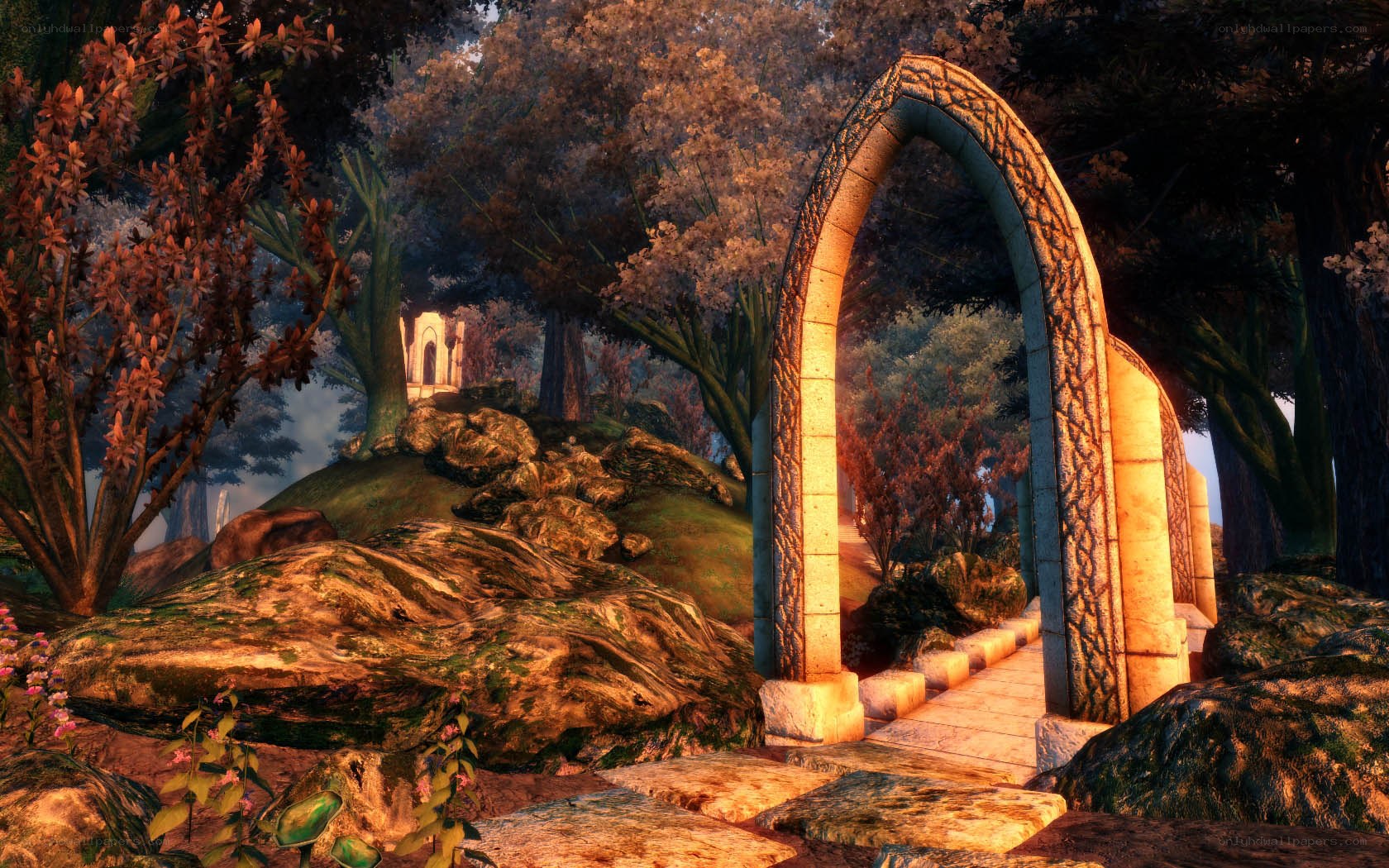 ancient stone archway in forest