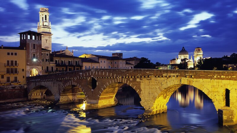 Ancient Stone Bridge — Blue, Dramatic, Night, Photograph