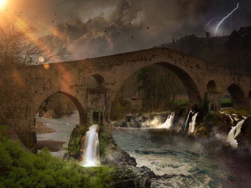 Ancient Stone Bridge — Brown, Dramatic, Night