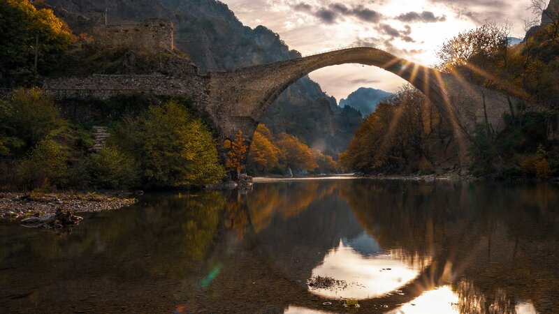 Ancient Stone Bridge — Brown, Serene, Sunset, Photograph