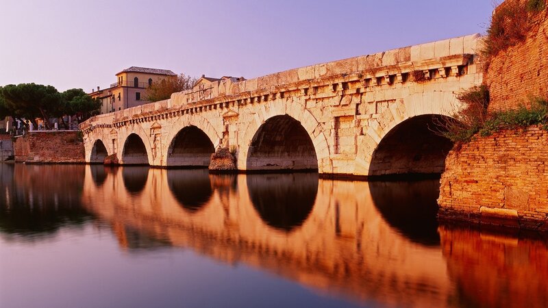 Ancient Stone Bridge — Orange, Serene, Sunset, Photograph, River