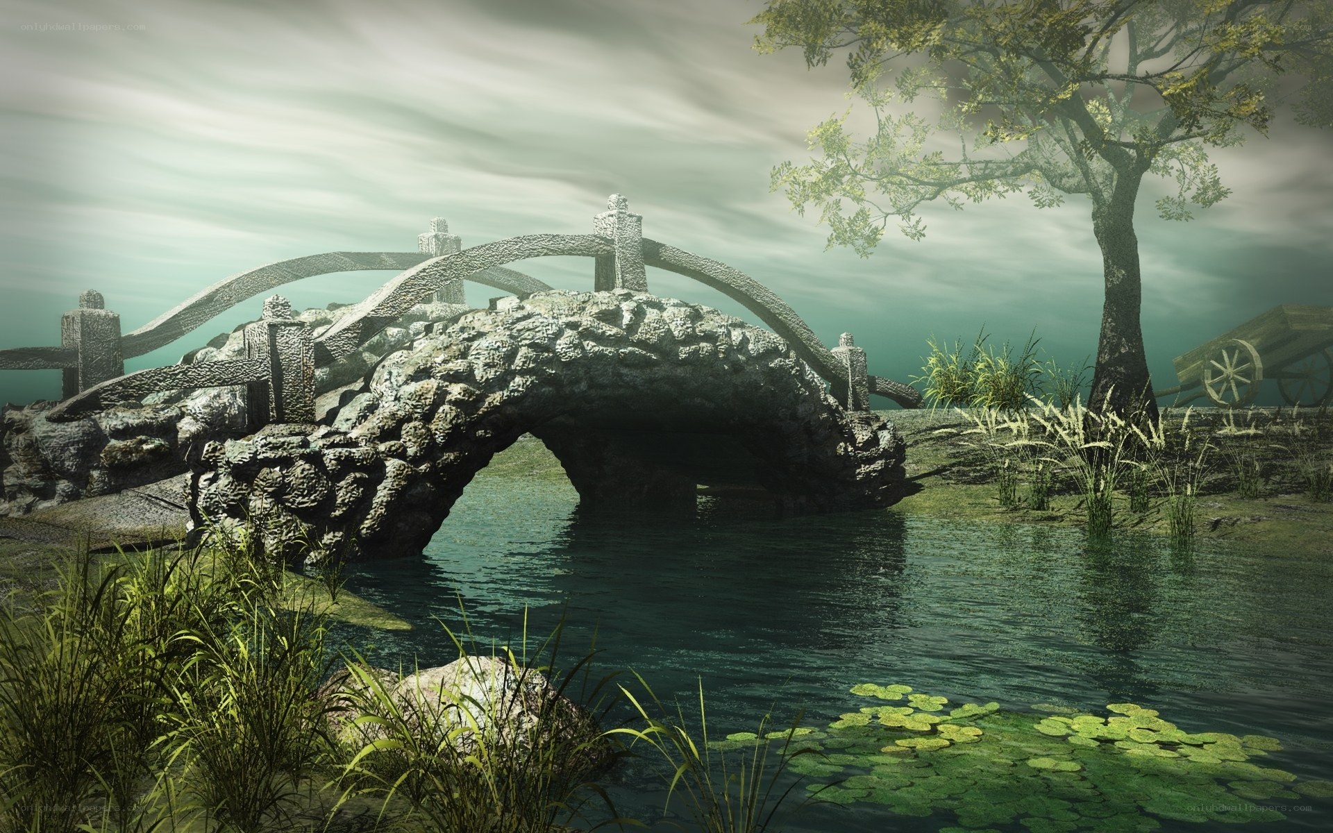 Ancient stone bridge over pond