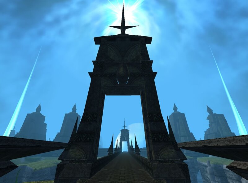 ancient stone bridge with glowing light