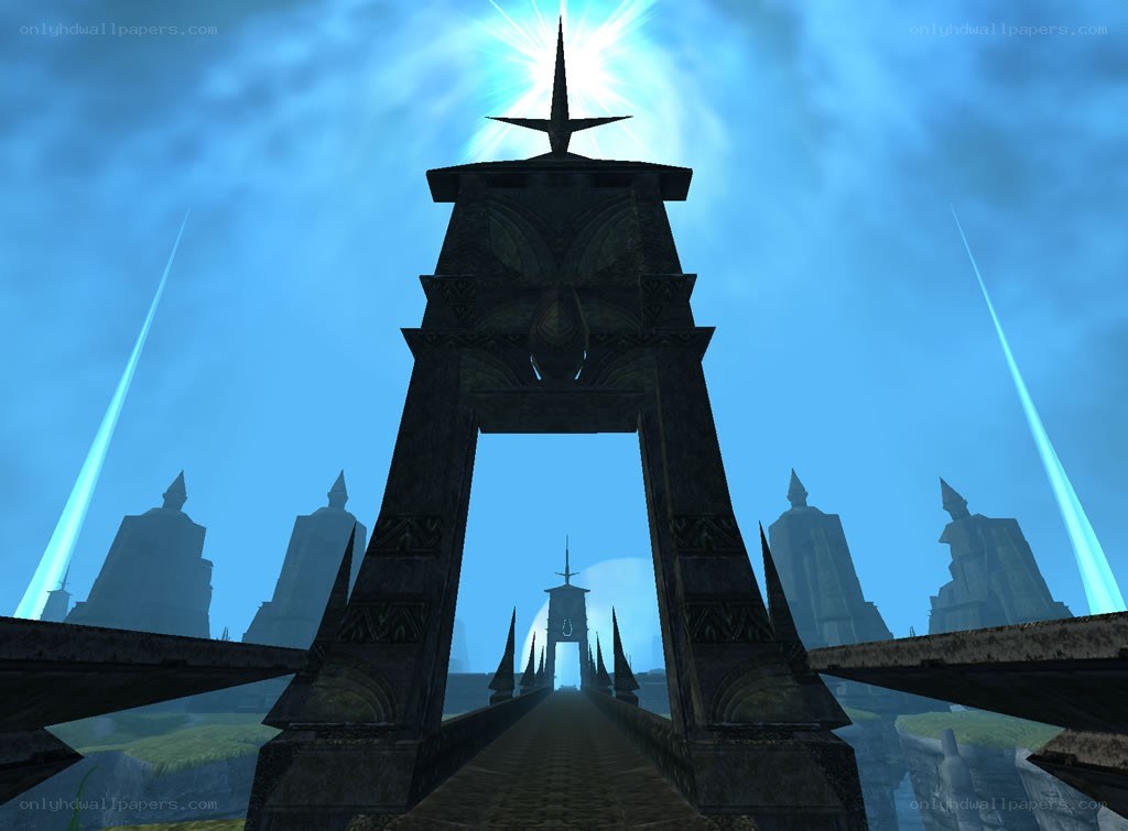 ancient stone bridge with glowing light