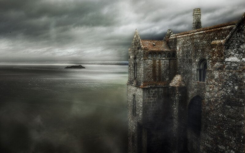 Ancient Stone Castle — Gray, Dramatic, Digital Art, Ocean