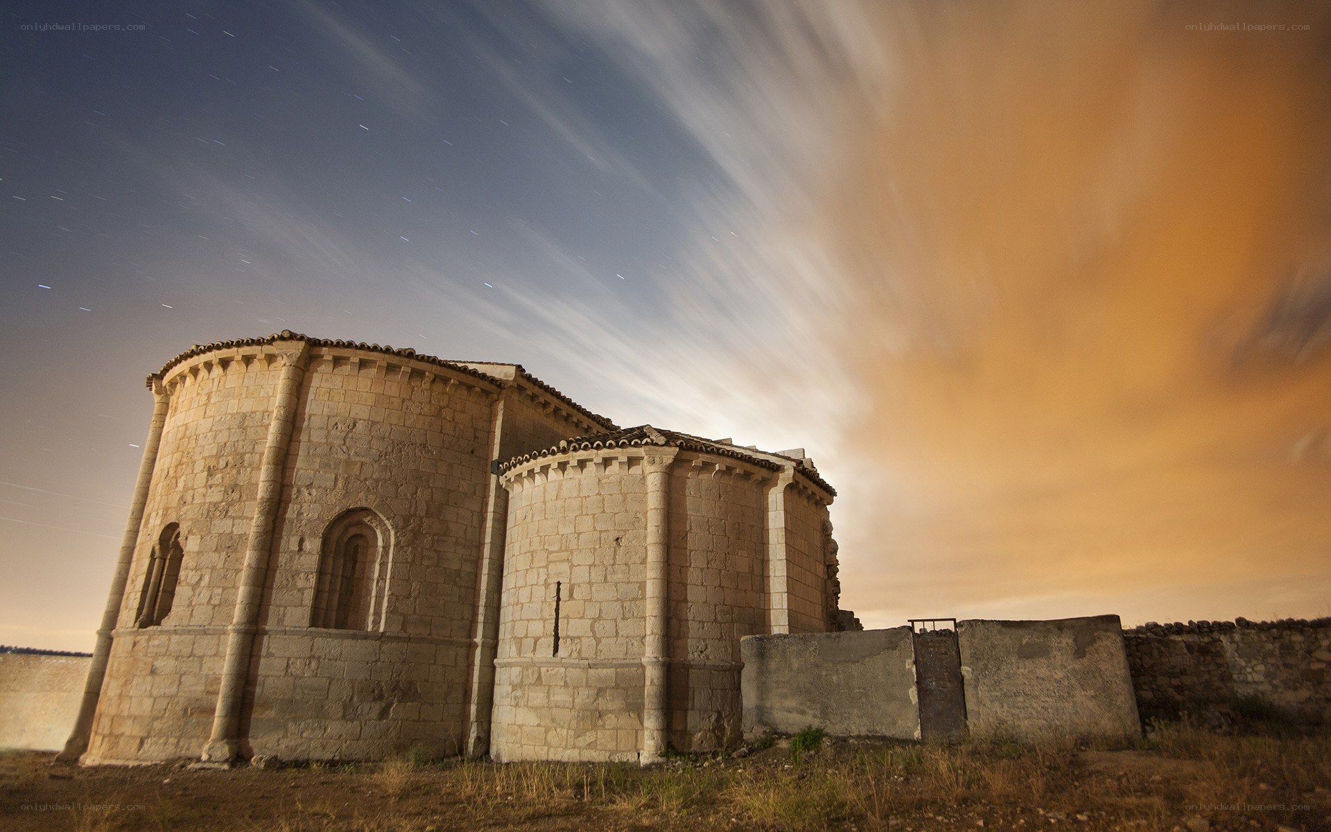 ancient stone church at night