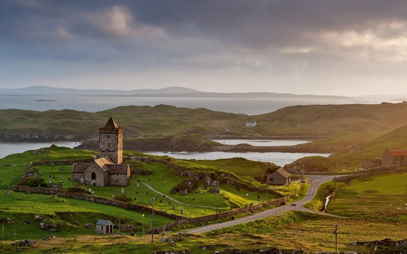 Ancient Stone Church — Green, Dramatic, Sunset