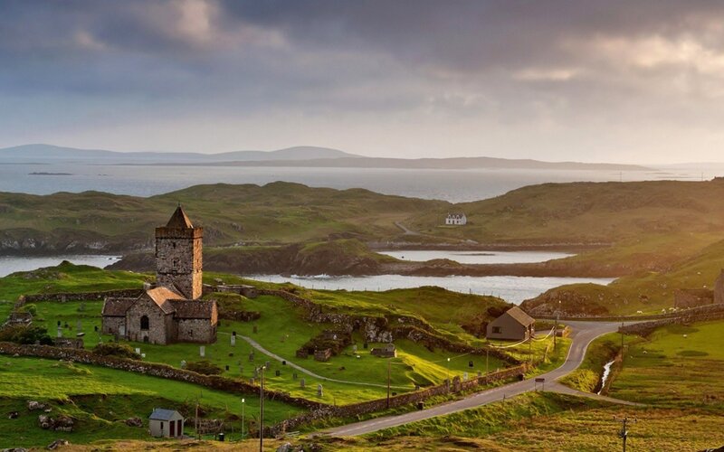 Ancient Stone Church — Green, Serene, Sunset