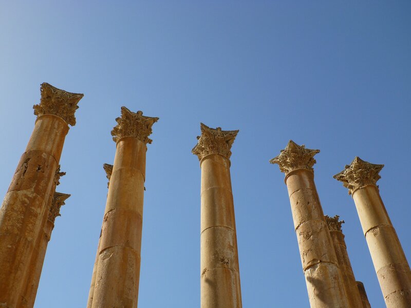 Ancient Stone Columns — Blue, Serene, Afternoon, Photograph, Blue Sky, Beige