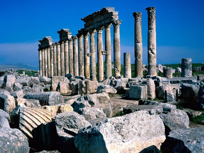 Ancient Stone Columns — Blue, Serene, Afternoon, Photograph