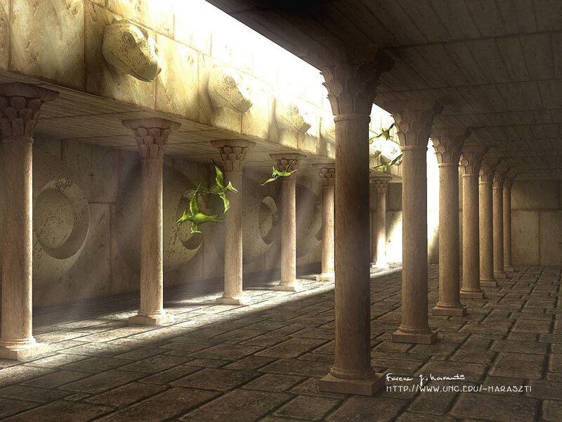 ancient stone corridor with flying creatures