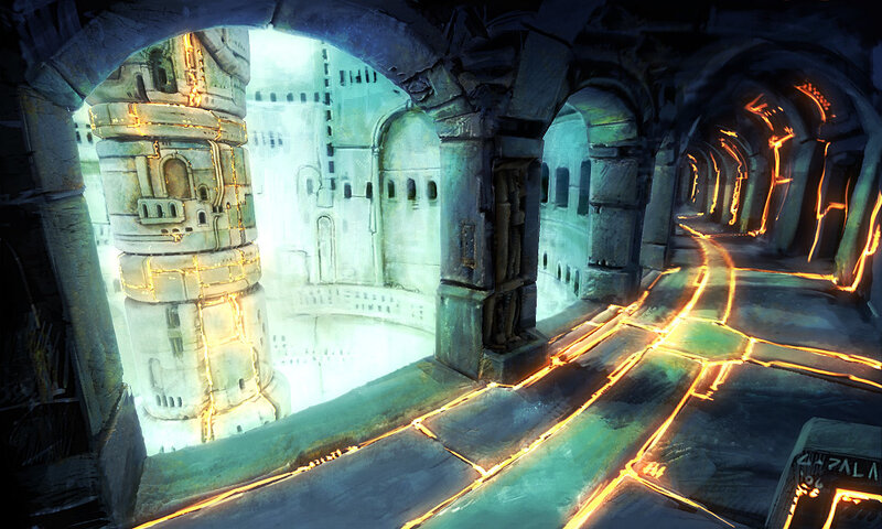 ancient stone corridor with glowing paths