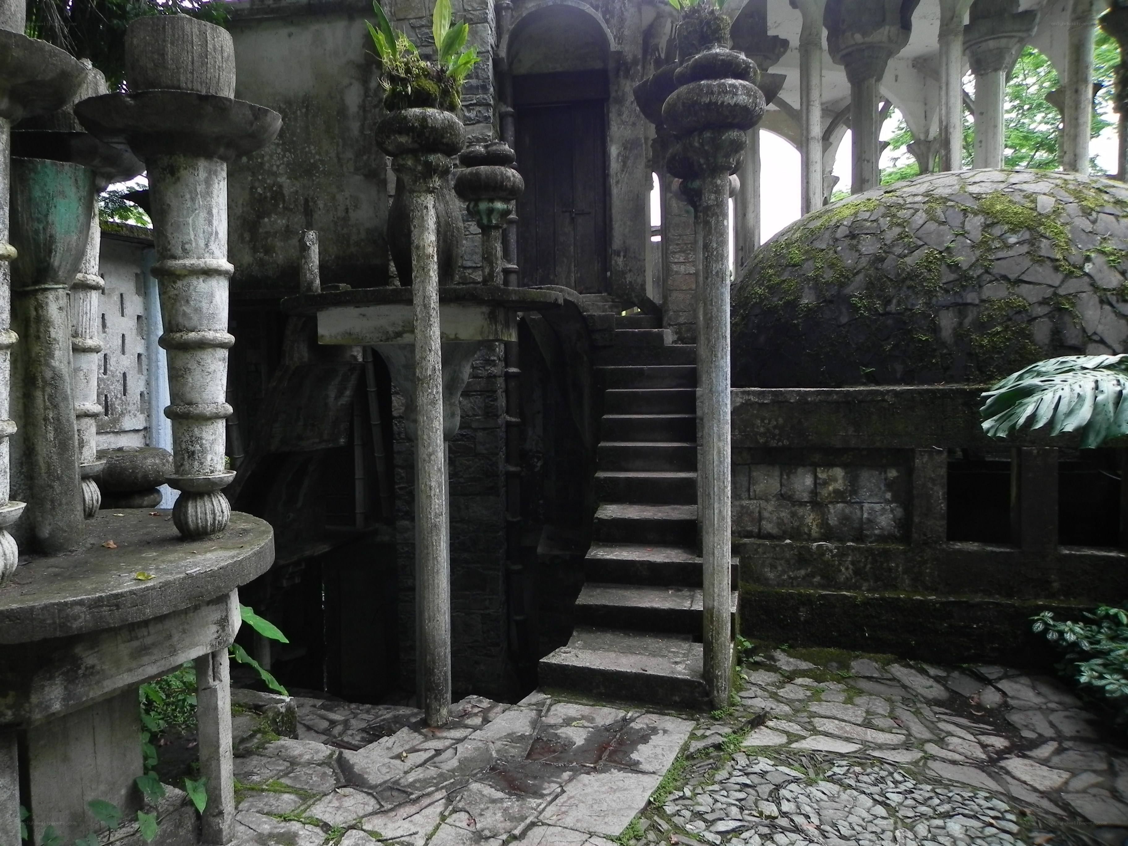 ancient stone courtyard with stairs