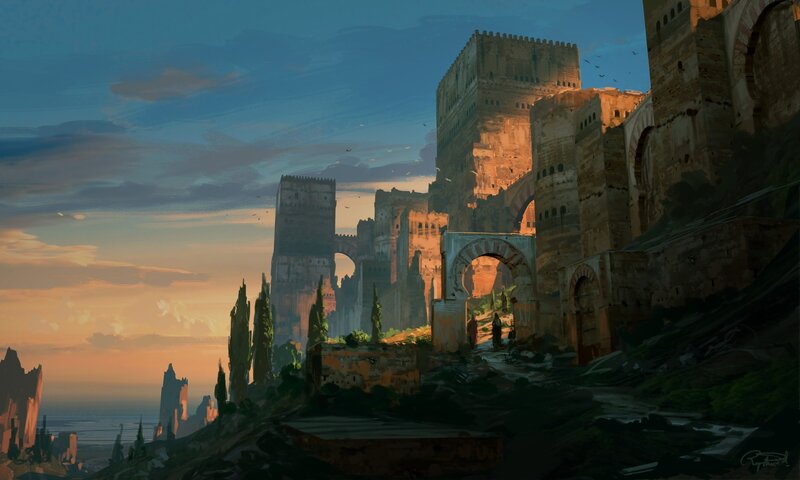 Ancient Stone Fortress — Blue, Dramatic, Sunset