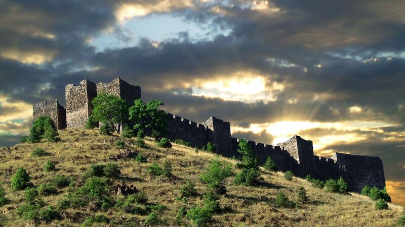 Ancient Stone Fortress — Gray, Dramatic, Sunset