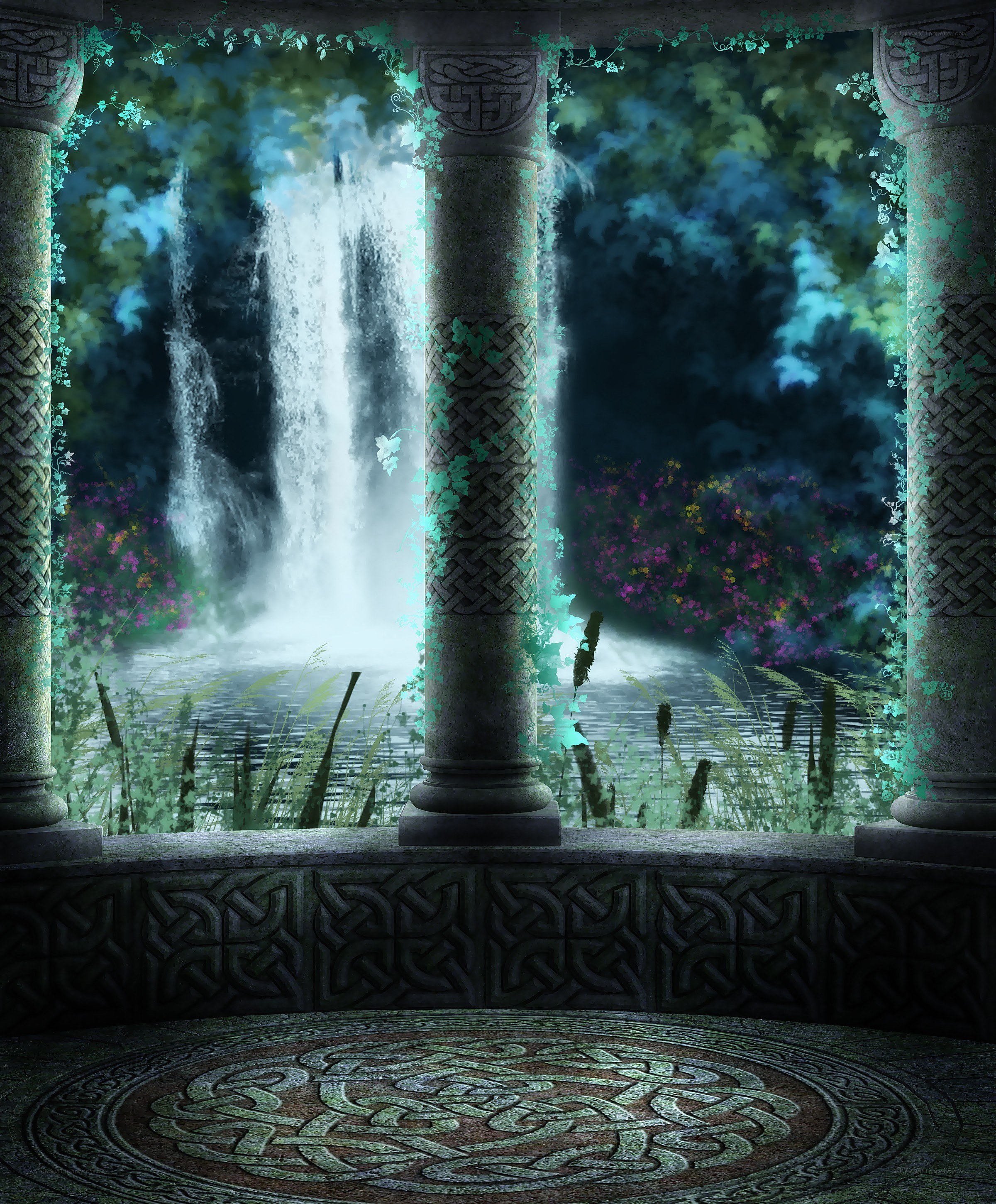 ancient stone gazebo with waterfall