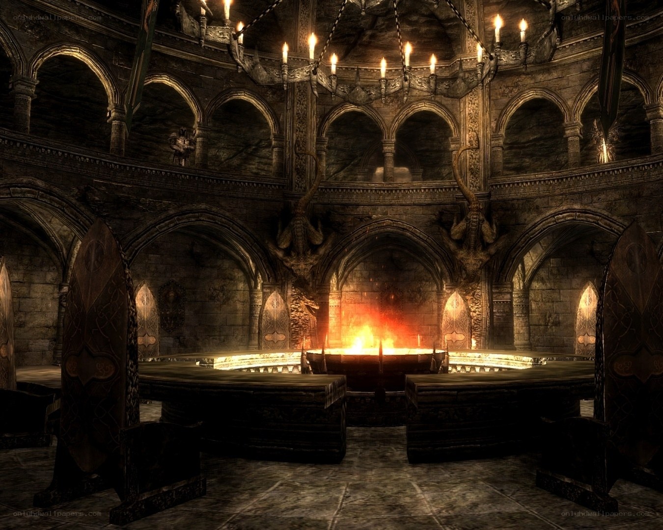 ancient stone hall with fire