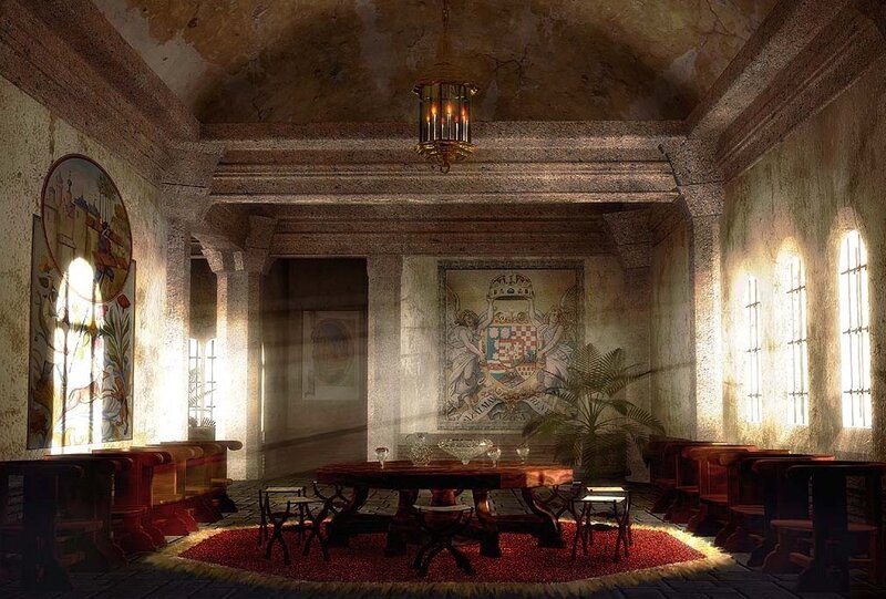 ancient stone hall with mural