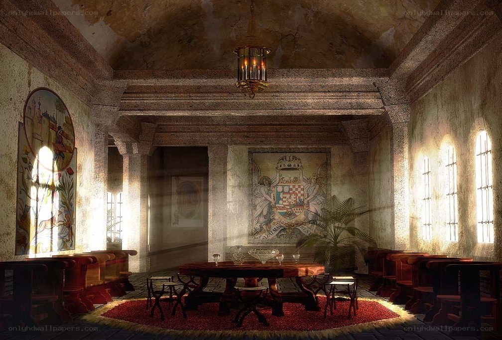 ancient stone hall with mural