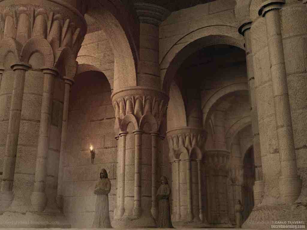 ancient stone hall with statues