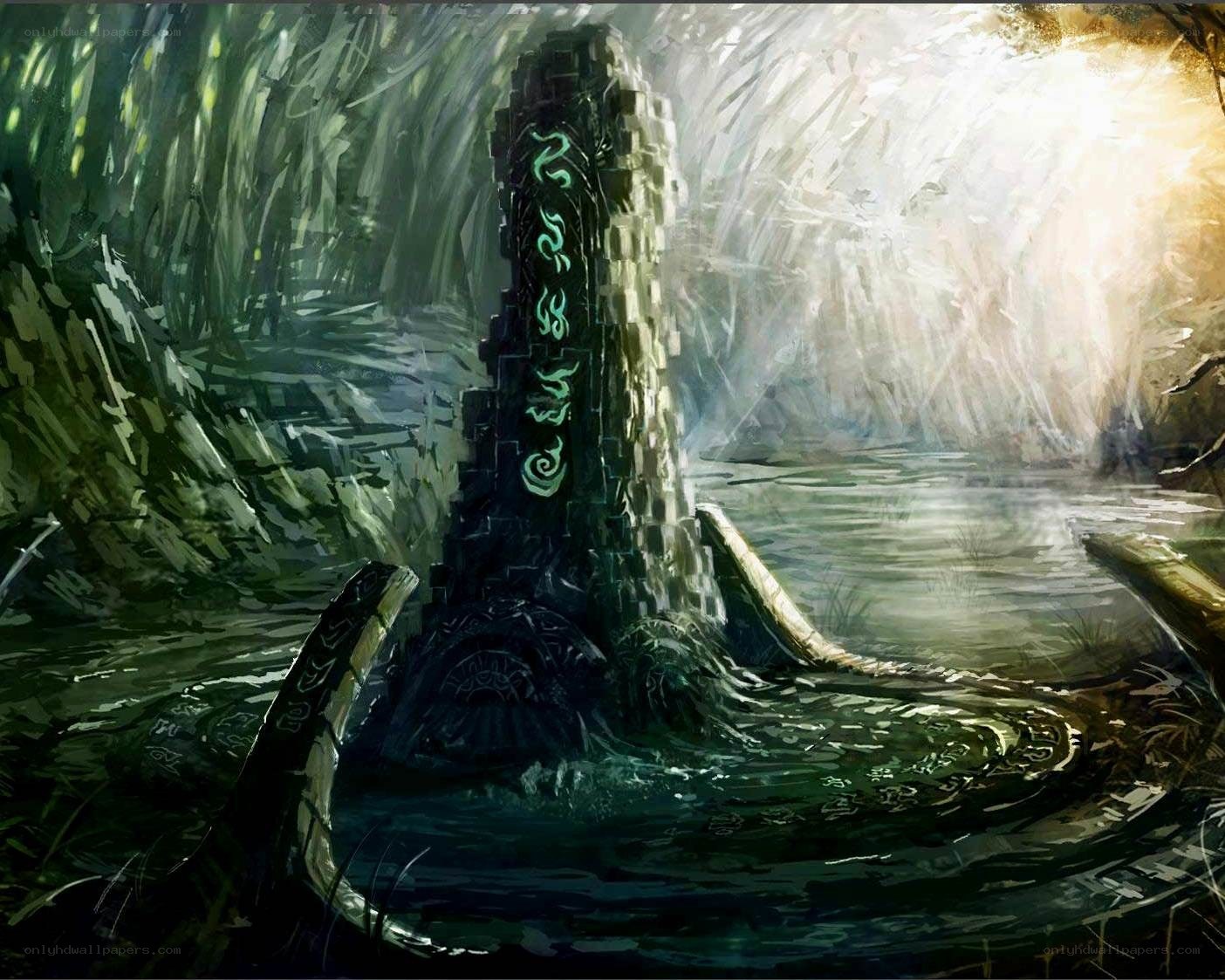 ancient stone monolith in swamp
