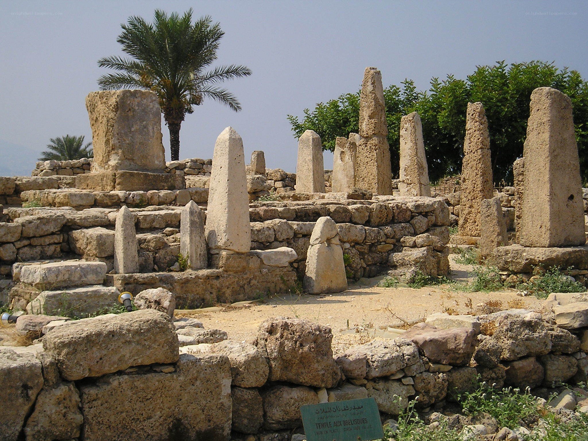 Ancient stone pillars at a temple site