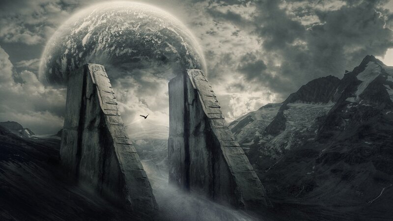 Ancient Stone Pillars — Gray, Dramatic, Digital Art, Planet